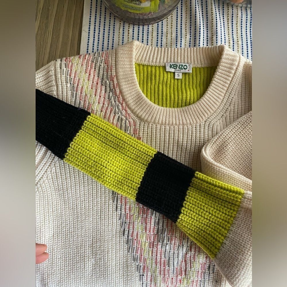 KENZO   Sweater Womens Sz S Beige Wool Embroidered Multicolor  zig zag lines - Picture 9 of 12